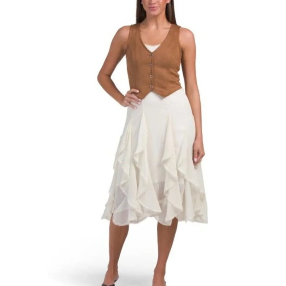 Thirty Thirty LA 2 Piece Set Brown Faux Suede Vest Cream Ruffle Tiered Dress L